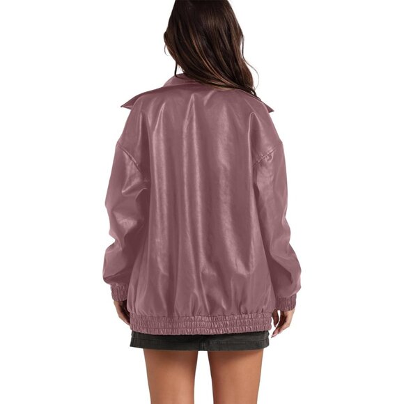 Women Faux Leather Jacket Oversized Pink Bomber Coat Fall Winter Outfits - Picture 3 of 3